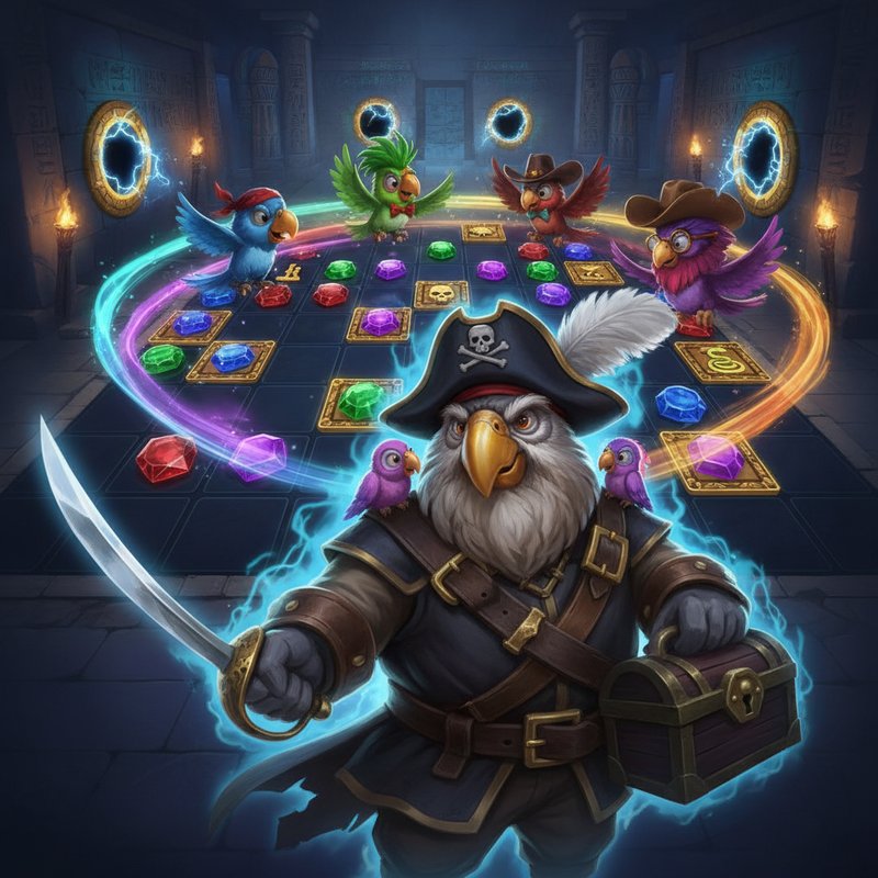 Pirots 5 slot machine: tempio egizio con griglia 6x6 espandibile, quattro pappagalli pirati collezionisti con bandane e cappelli, gemme colorate esagonali cubiche e sferiche, Captain Blackfeather con tricorno e tesoro, portali dorati e trappole egizie